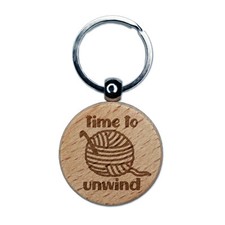 Time to Unwind Crocheting Engraved Wood Round Keychain Tag Charm