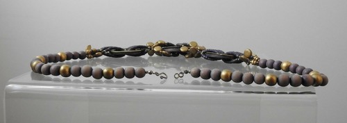 Vintage Medallion Purple Gold Bead Necklace Silver Tone Hardware About 29" P21 - Picture 10 of 12