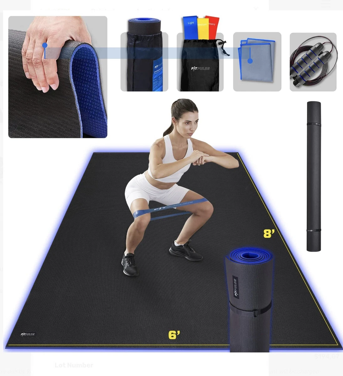 FITPULSE Premium Thick Large Exercise Mat 8'x6'x7mm Gym Flooring