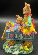 Vintage I Love Bunnies Easter Rabbit Ducks Flower Wagon Figurine RARE