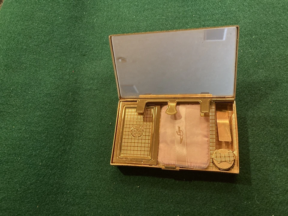 Caixa de suporte de batom vintage Art Deco Evans ouro escovado metal cigarro em pó - Imagem 4 de 4