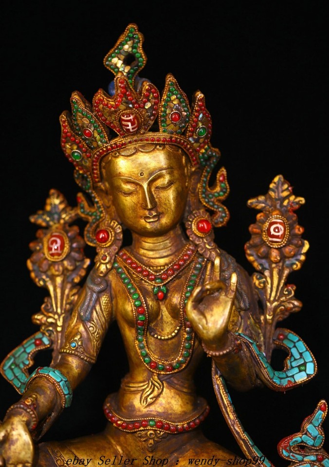 13" Old Tibet Copper 24 K Gold Gilt Turquoise Green Tara Guanyin Buddha