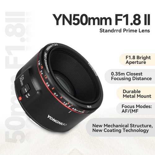 Yongnuo YN50MM F1.8 II AF/MF 0.35M Focus Distance Standard Prime Lens Black for - Picture 2 of 7