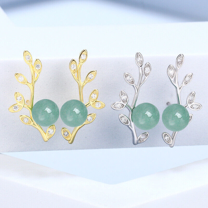 Charm Jade Leaf Earrings Green Talismans Ear Studs 925 Silver Natural Real