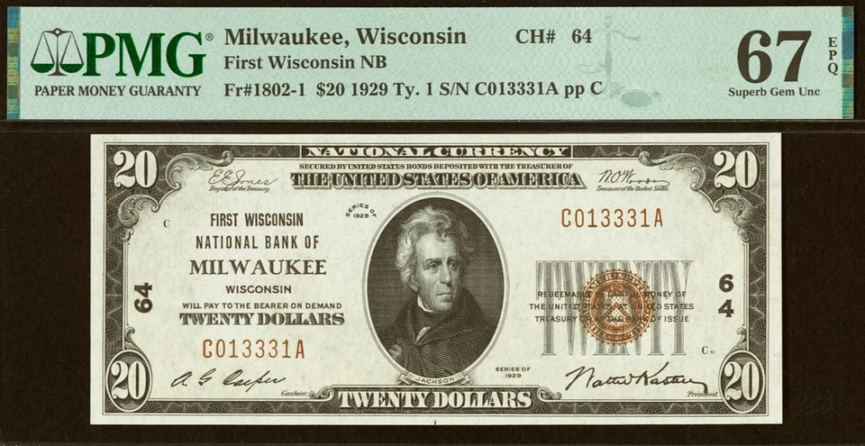 1929 $20 National Bank Milwauke, Wisconsin CH# 64 PMG 67EPQ Top Pop Finest Known - Image 2 of 4