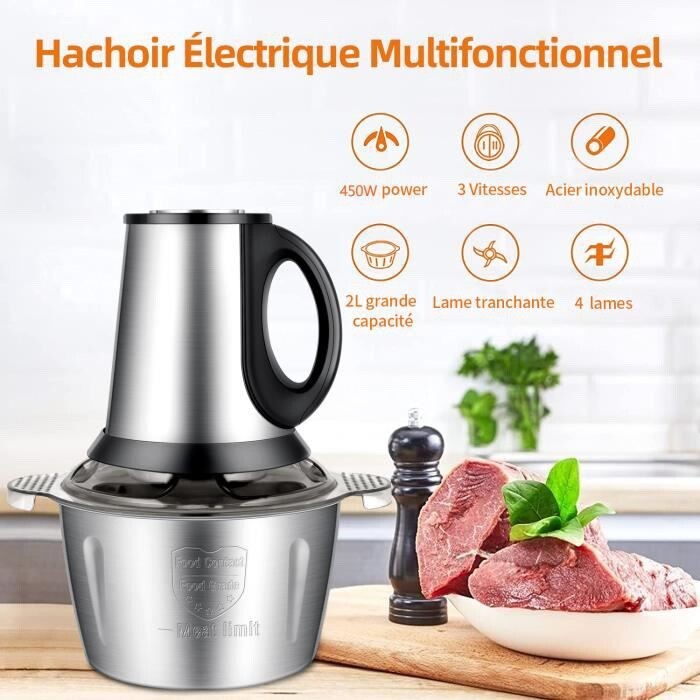 Hachoir à viande électrique 450W en acier brossé durable avec bol de 2L