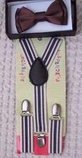 Kids Boys Girls Brown Adjustable Bow Tie  Brown/White/Blue Stripes Suspenders