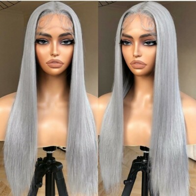 Silver Grey Gray Ombre Wig HD Front Lace Human Hair Blend Highlights Lowlights
