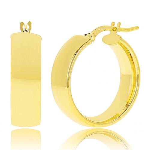 Italian 14k Yellow Gold Rounded Flat Tube Small Hollow Hoop Earrings 20mm x 6mm - Picture 1 of 4