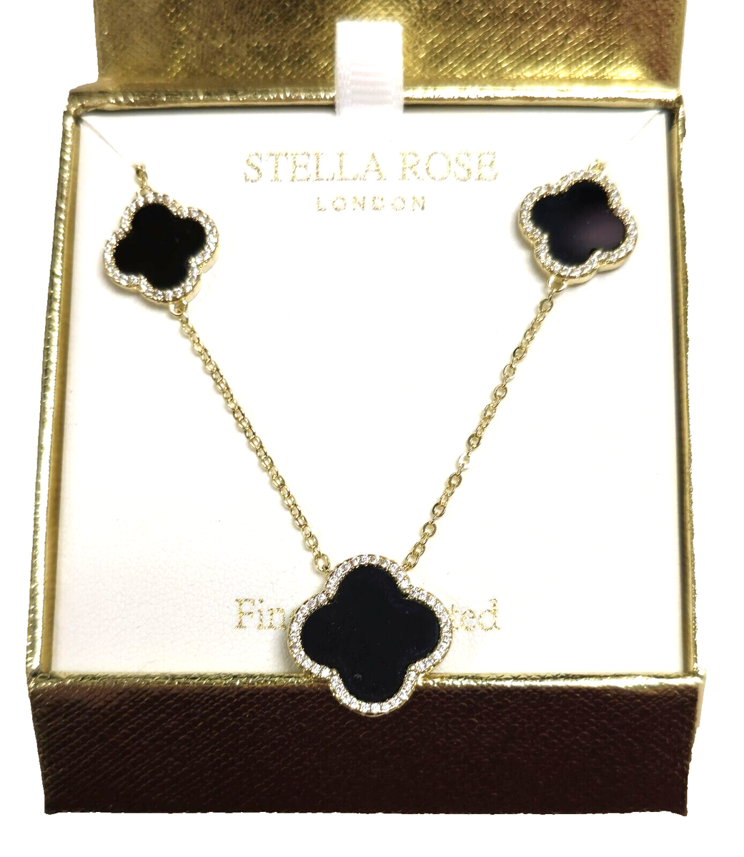 STELLA ROSE FINE GOLD PLATE,CRYSTAL,BLACK ONYX CLOVER CHAIN NECKLACE  -16