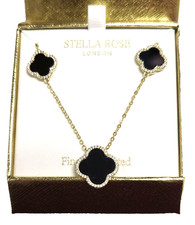 STELLA ROSE FINE GOLD PLATE,CRYSTAL,BLACK ONYX CLOVER CHAIN NECKLACE -16"+2"+BOX