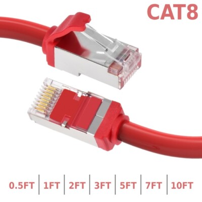 0.5 1 2 3 5 7 10FT Ethernet Cat8 RJ45 S/FTP Cable Shielded Cord 28AWG 2GHz Red