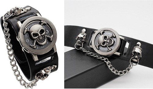 Punk Totenkopf Uhr für Herren Damen schwarz breit Leder Manschette Band Uhr Armbanduhren - Bild 5 von 7