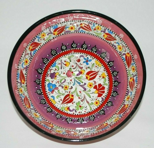 Hand Made Hand Painted Turkey Kutahya Ceramic Bowl Pink Multicolor Segkin Gini - Picture 2 of 8