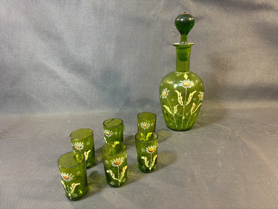 Ancien présentoir à verres avec carafe et 6 verres émaillés 19ème métal doré - Photo 4/4