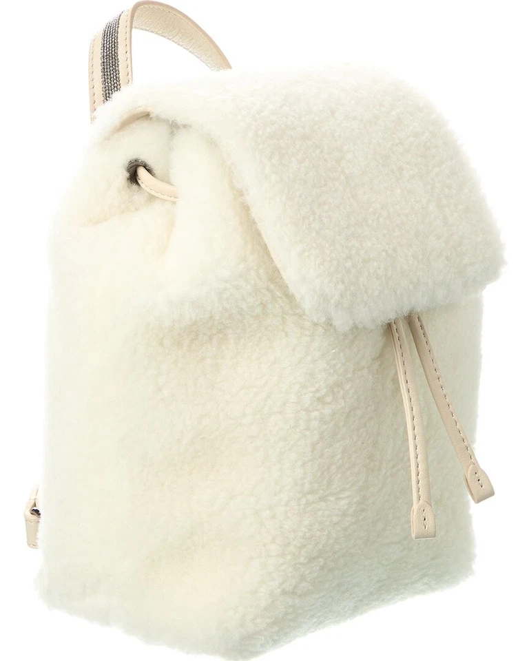 Brunello Cucinelli Drawstring Fleece Wool & Leather Backpack Women's Beige - Image 3 of 4