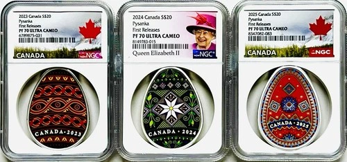 2023-25 $20 CANADA PYSANKA UKRAINIAN EGG 1OZ SILVER PROOF 3-COIN SET NGC PF70 FR