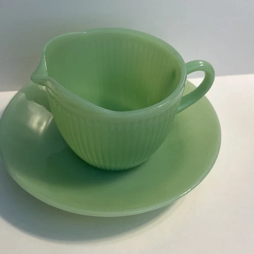Vintage Ribbed Jadeite Creamer With Saucer, Fire King? Anchor Hocking? Unsigned!