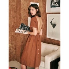 Sezane Odalie Backless Linen Midi Dress Mocha 38 EU 6 US