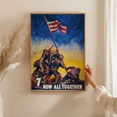 WWII Now All Together 7th War Iwo Jima Flag Raising Art 12X16