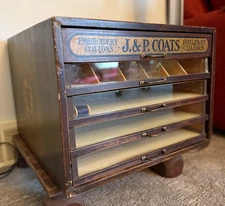 Antique J&P Coats Thread Cabinet – 4 Drawer Wood Display Case 