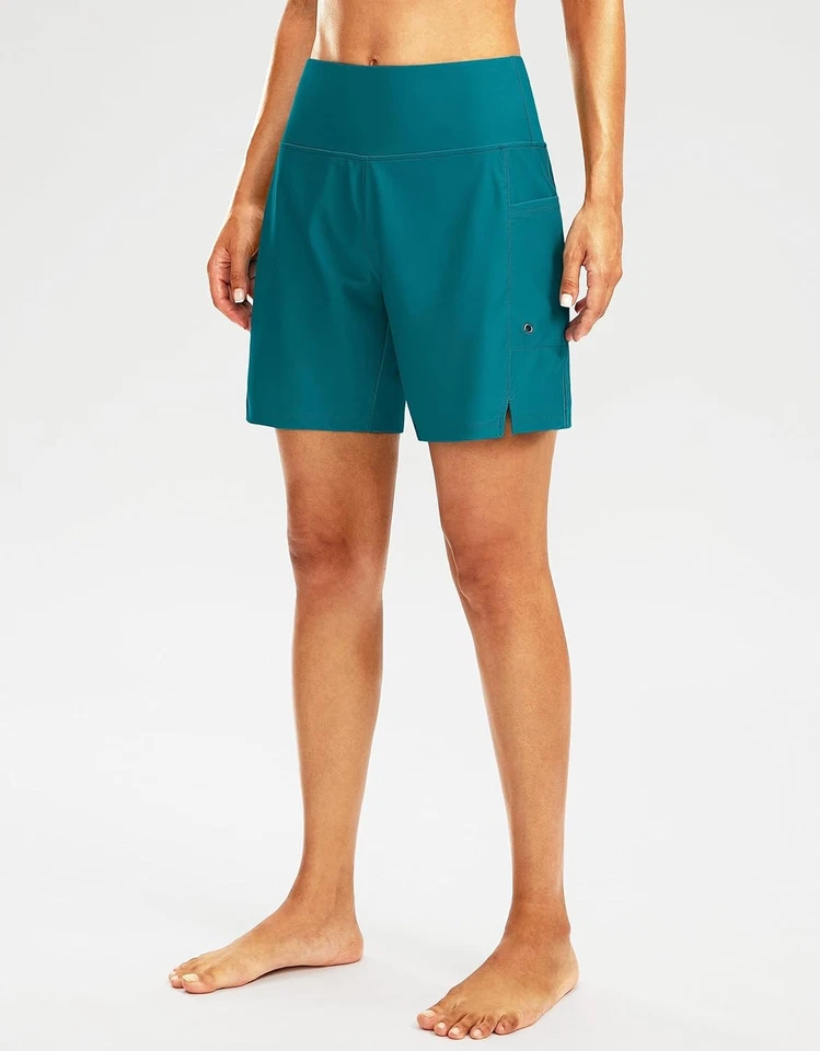 Pantalones cortos de natación de secado rápido de 7" de cintura alta para mujer con forro y bolsillos Foto 4 de 4