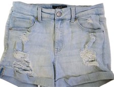 AERO High Rise Midi Light Blue Distressed Denim Shorts Cuffed Pockets Size 8