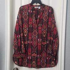 COLLECTIONS ETC Womens Split V-Neck Tunic Silky Feel L/S Aztec Tribal XL