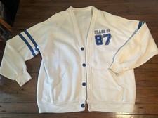 Vintage 1987 Letterman White Button Up Cardigan Classic Of 87 Blue White Stains