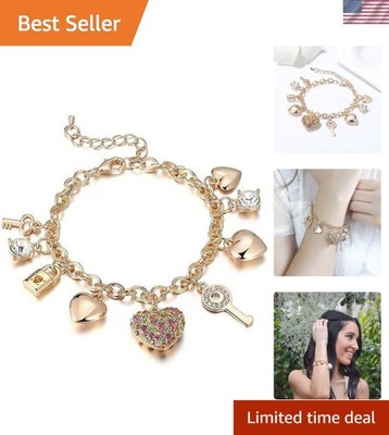 14K Gold Plated Link Bracelet 7'' +2'' Extender with Crystal Heart, Key & Lock Cha