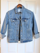 Classic Cropped Light Washed Distressed Denim Jacket Womens Size XS EUC