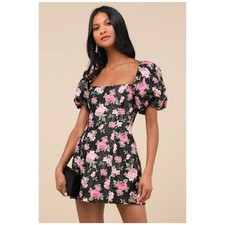 Lulus Completely Beloved Black Floral Off-the-Shoulder Mini Dress Size: S