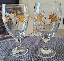 Set of 2 Vintage Libby Reindeer Wine, Goblets, Water Glasses Christmas