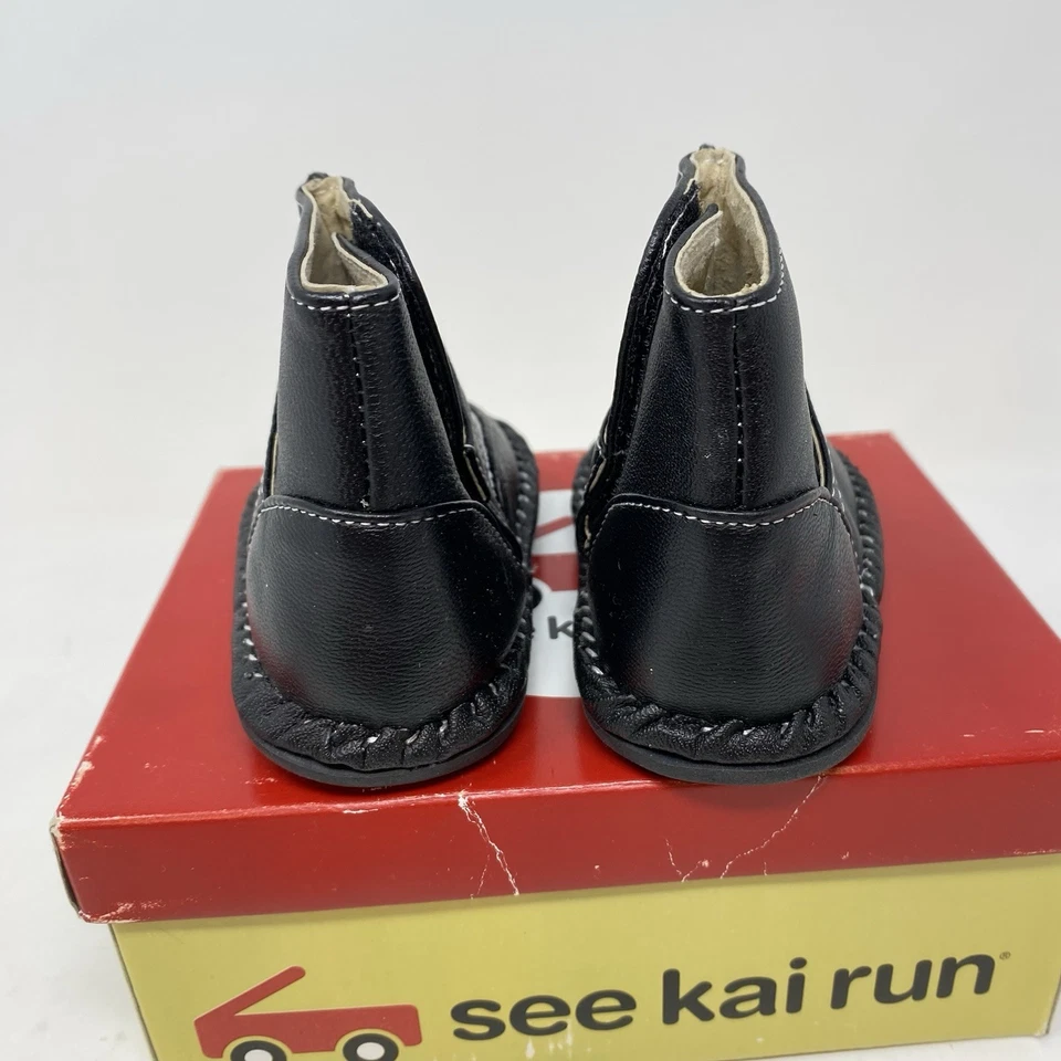 See Kai Run Jannis Botas de Cuero Bebé Talla 3 Negras Sin Cordones Gancho Lazo Adorable Nuevas Foto 2 de 4