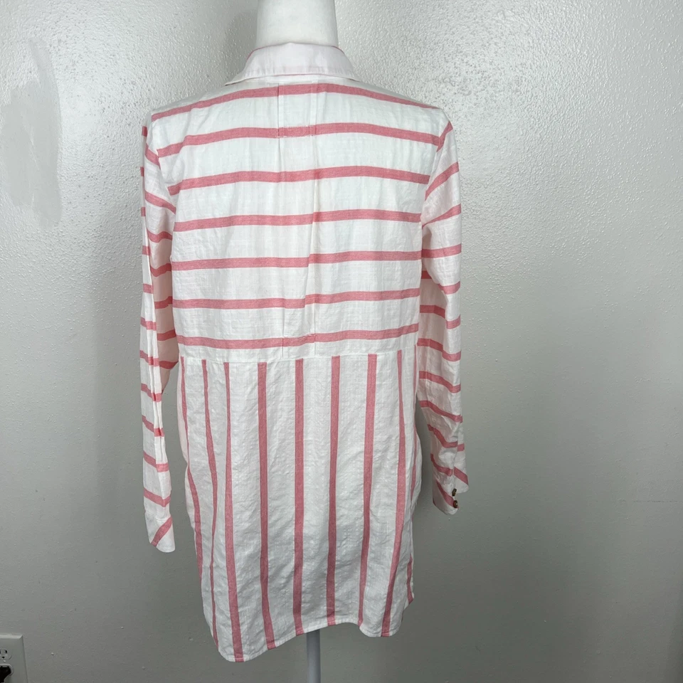 Blusa de mujer Soft Surroundings mediana blanca rosa algodón a rayas Henley Top Foto 3 de 4