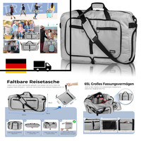 Fmeida Reisetasche 65L Faltbare Weekender Tasche Wasserdicht Sporttasche