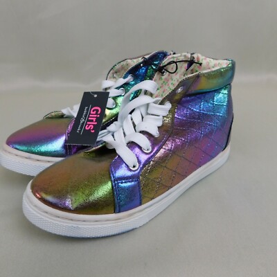 Bobbie Brooks Girls Lace Up Iridescent Rainbow Mermaid High-Top Sneakers Size 2