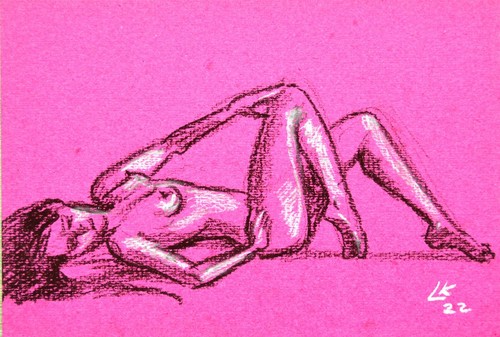 Reclining Nude Drawing – 12x8 Original Pastel Figure Art on Pink Paper