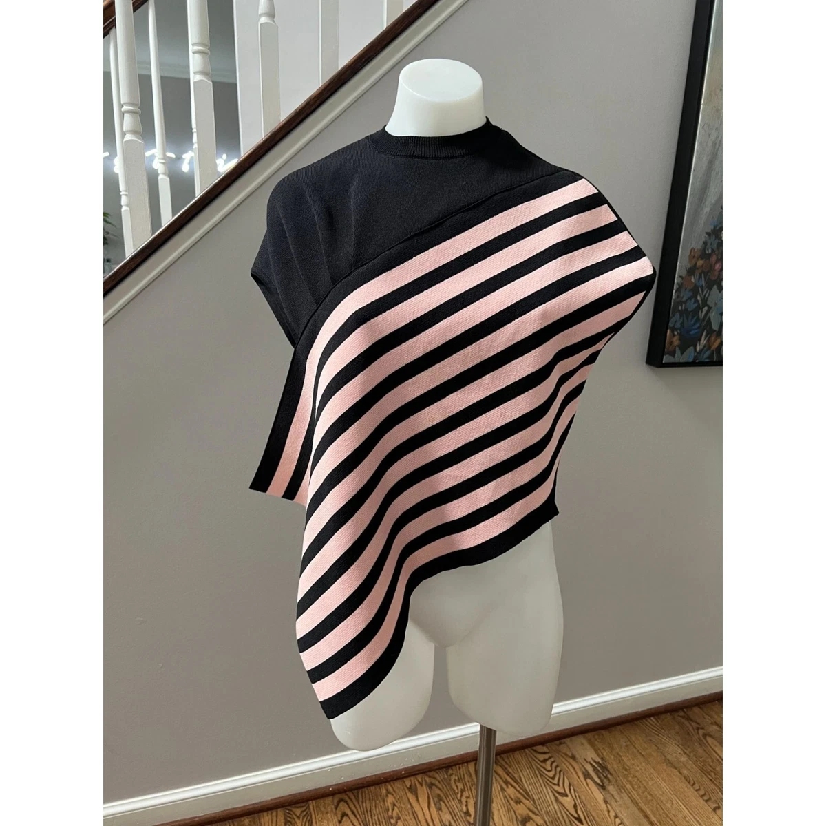 AKIRA NAKA Aili Knit Asymmetric Sweater Top Black Pink Stripe Size 1 Small