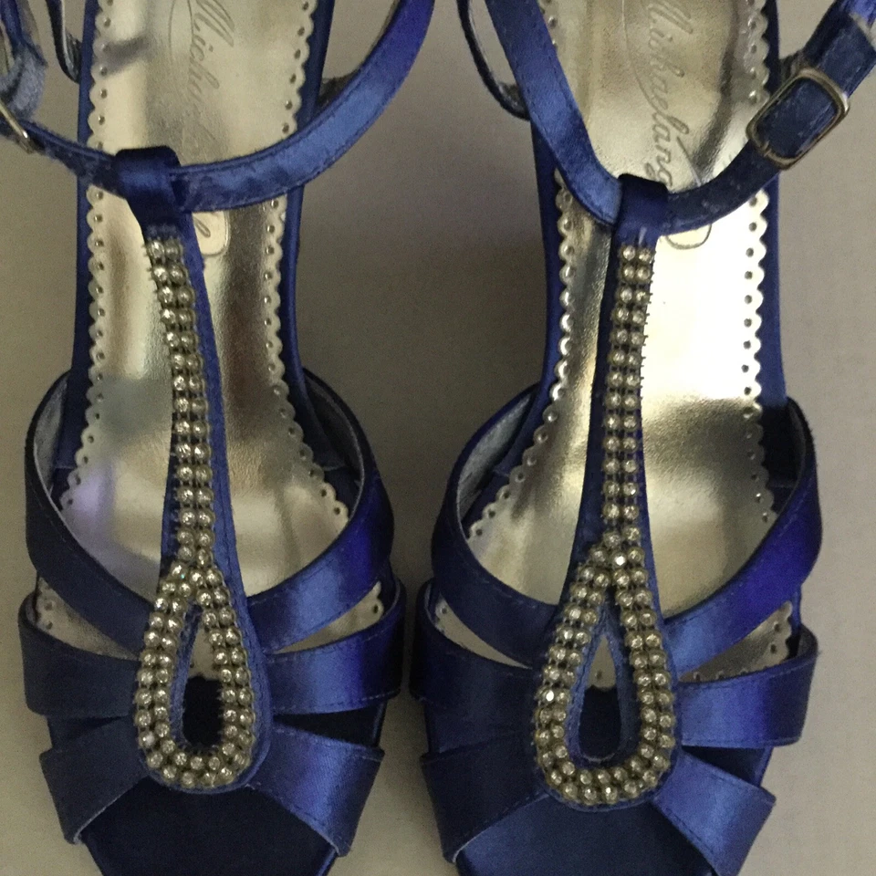 MICHAEL ANGELO ESTRÁS AZUL SATINADO CUÑA PUNTA ABIERTA FORMAL TALLA 7 NUEVO SIN CAJA Foto 2 de 4