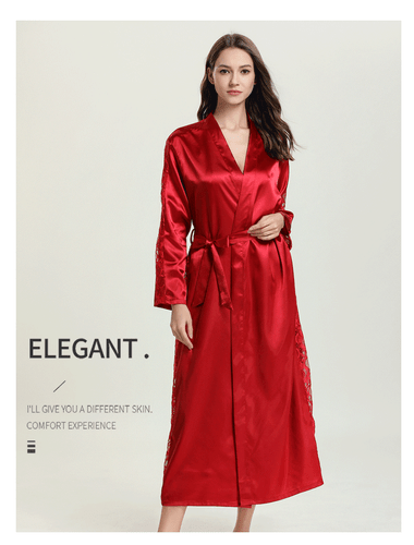 Women's pajamas imitation silk lace up sexy long bathrobe cardigan home clothing - Picture 10 of 21