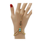 Women Gold Metal Hand Chain Comfortable Bracelet Cross Charm Turquoise Blue Bead