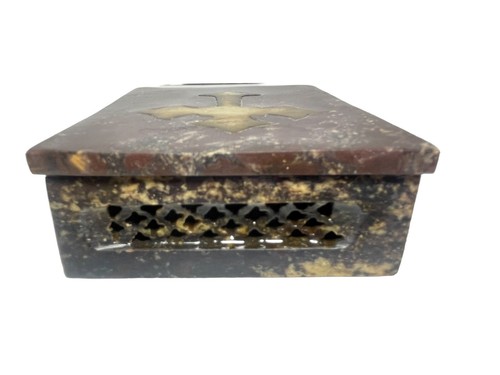 Vtg Stone Trinket Prayer/Incense Box Brass Cross On Cover & Matching Necklace - Picture 12 of 16