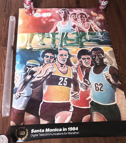 Vtg 24x35 1984 LA Olympics Santa Monica Men’s Marathon- GTE Ad Poster - Picture 6 of 12