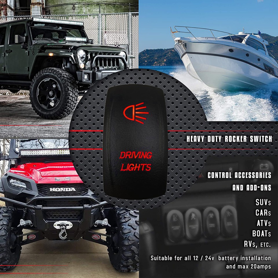 5 Pin Driving Lights Rocker Switch Red LED On-Off LED Light BAR 20A 12V ...