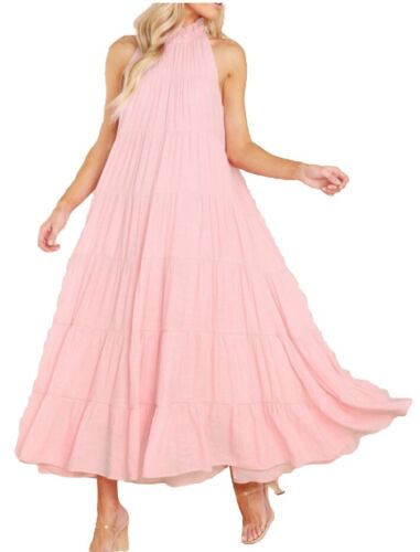 Jodifil Tiered Halter Mock Neck Midi Dress Sz Small Peach Ties Back Pockets NWT