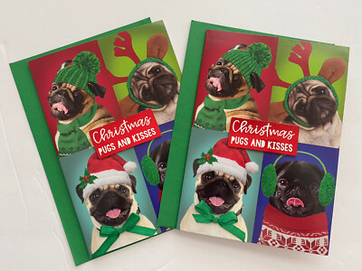 Set Of 2 Pug Dog Christmas Cards Embellished Pugs & Kisses