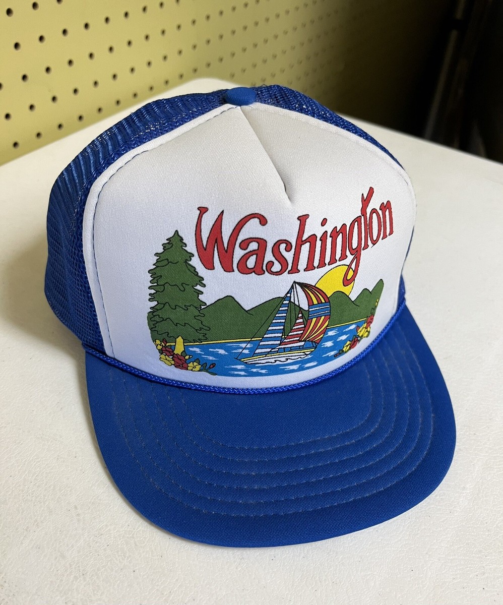Vintage Washington State Hat Adult Mesh Snapback Trucker Blue Sailboat Lake