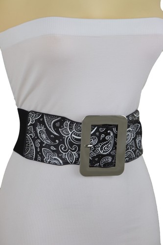 Women Wide Black Elastic High Waist Hip Belt White Paisley Print Fit Size S M - Picture 6 of 24