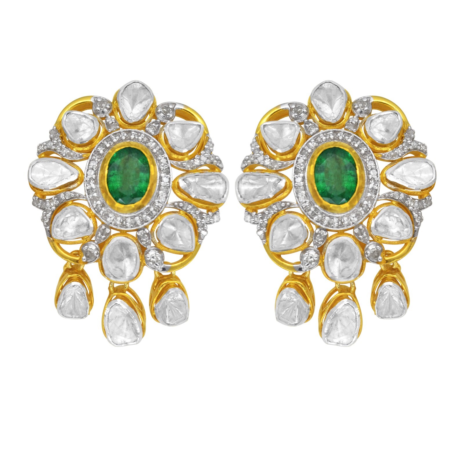 ALTRA Coppia orecchini polki argento sterling 925 placcato oro 18 kt smeraldo naturale diamanti